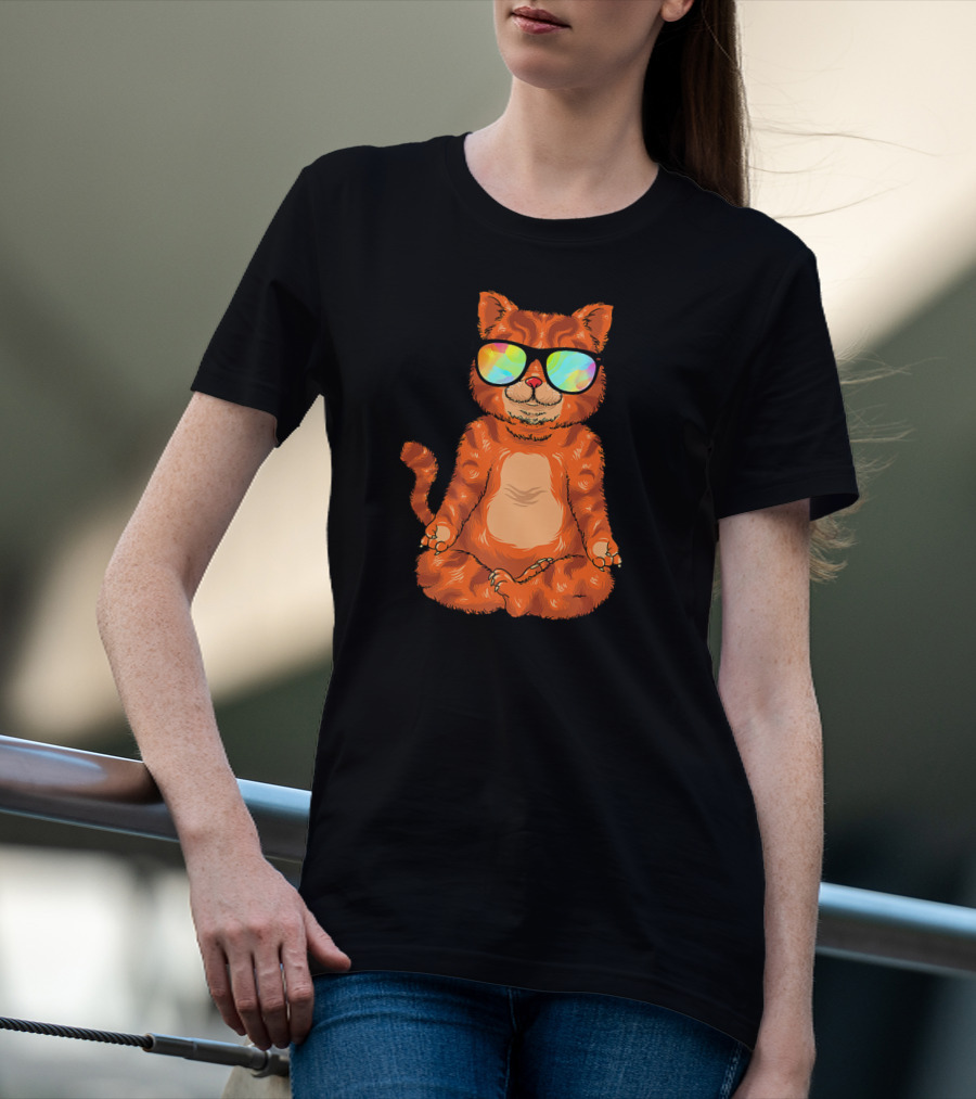 Meditating Cat In Colorful Sunglasses Yoga Pose Cute Drawing T-Shirt