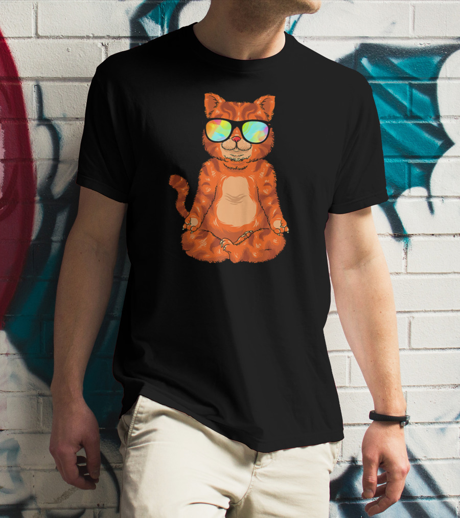 Meditating Cat In Colorful Sunglasses Yoga Pose Cute Drawing T-Shirt