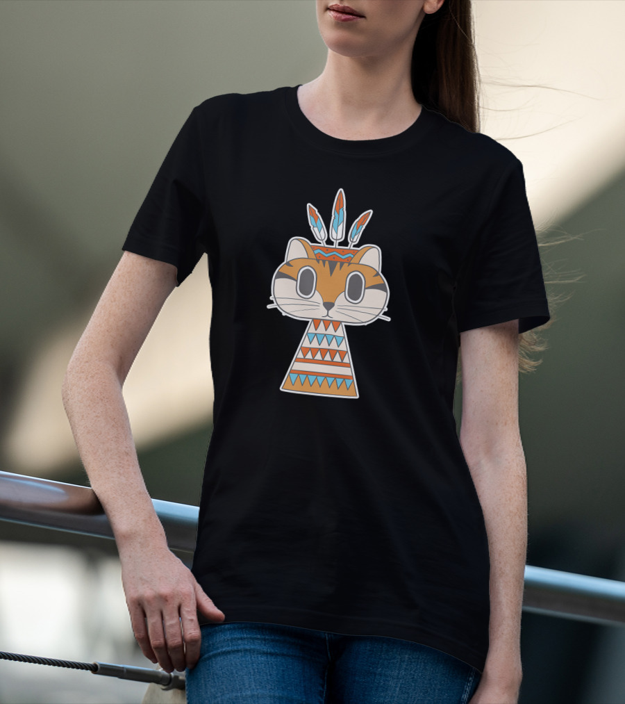 Native Cat American Boho Tribal Feathers T-Shirt