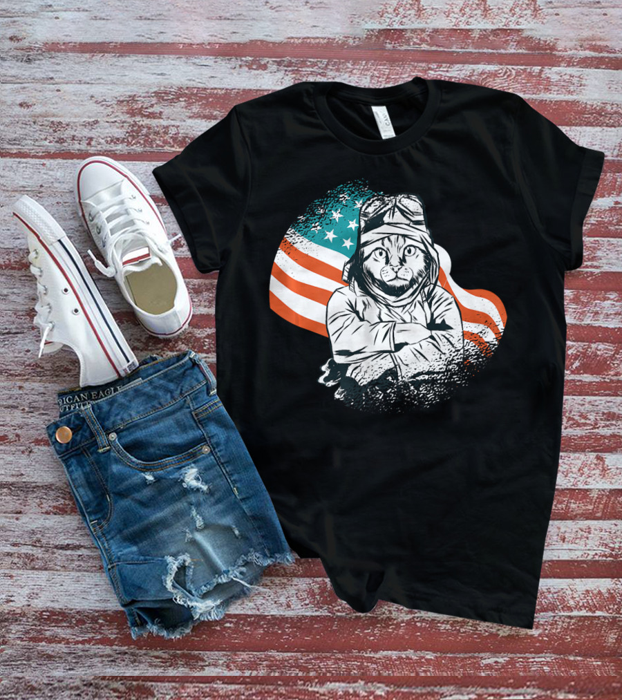 Patriotic Cat Aviator With American Flag For Cat Lovers T-Shirt