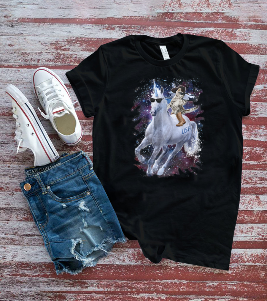 USA Space Cowboy Cat Riding Sunglasses Unicorn In Galaxy T-Shirt