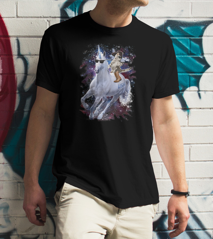 USA Space Cowboy Cat Riding Sunglasses Unicorn In Galaxy T-Shirt