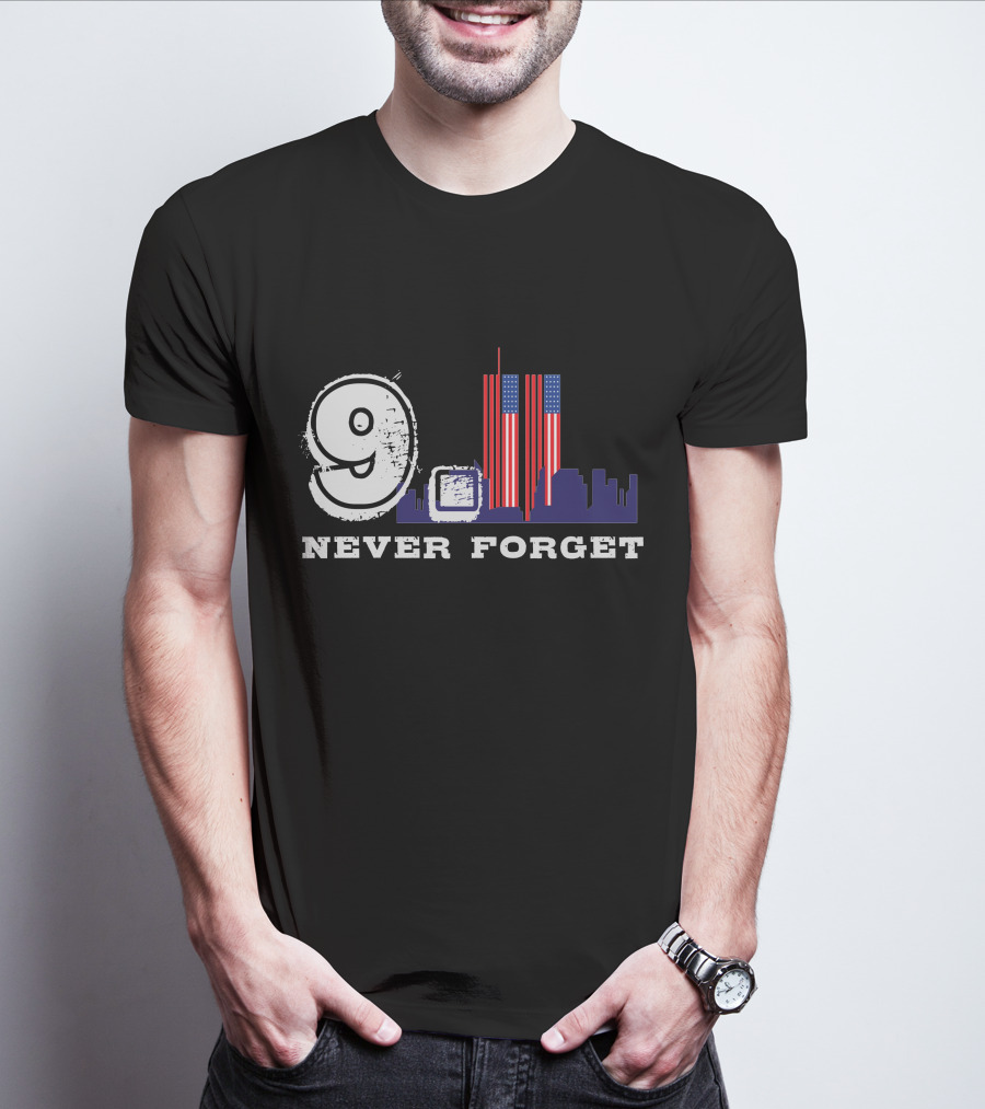 9 Never Forget Twin Towers Skyline American Flag T-Shirt