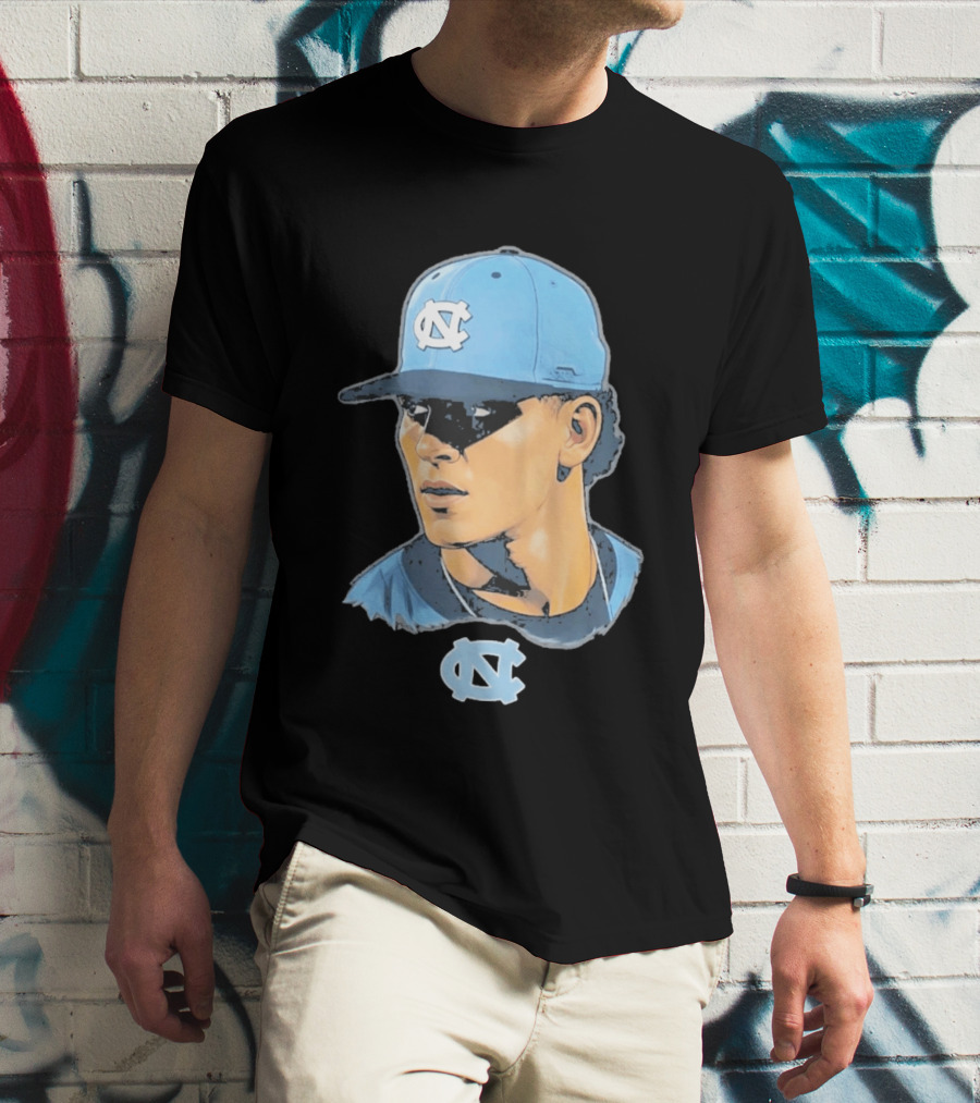 UNC Tar Heels Baseball Portrait Comic Style Navy Blue Cap T-Shirt