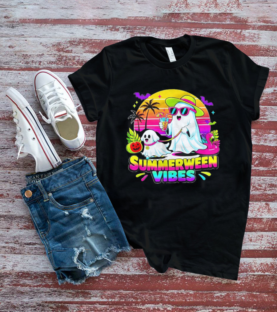 Summerween Vibes Ghost Walking Dog Retro Sunset Tropical Beach Party T-Shirt