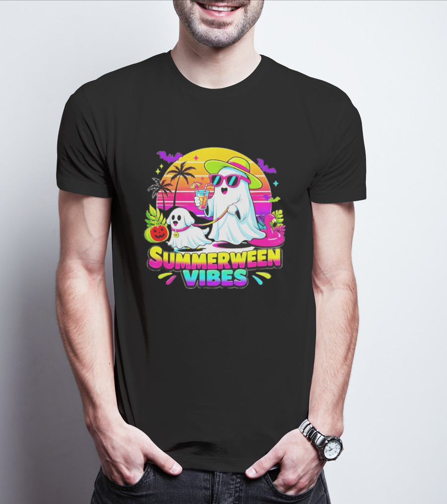 Summerween Vibes Ghost Walking Dog Retro Sunset Tropical Beach Party T-Shirt