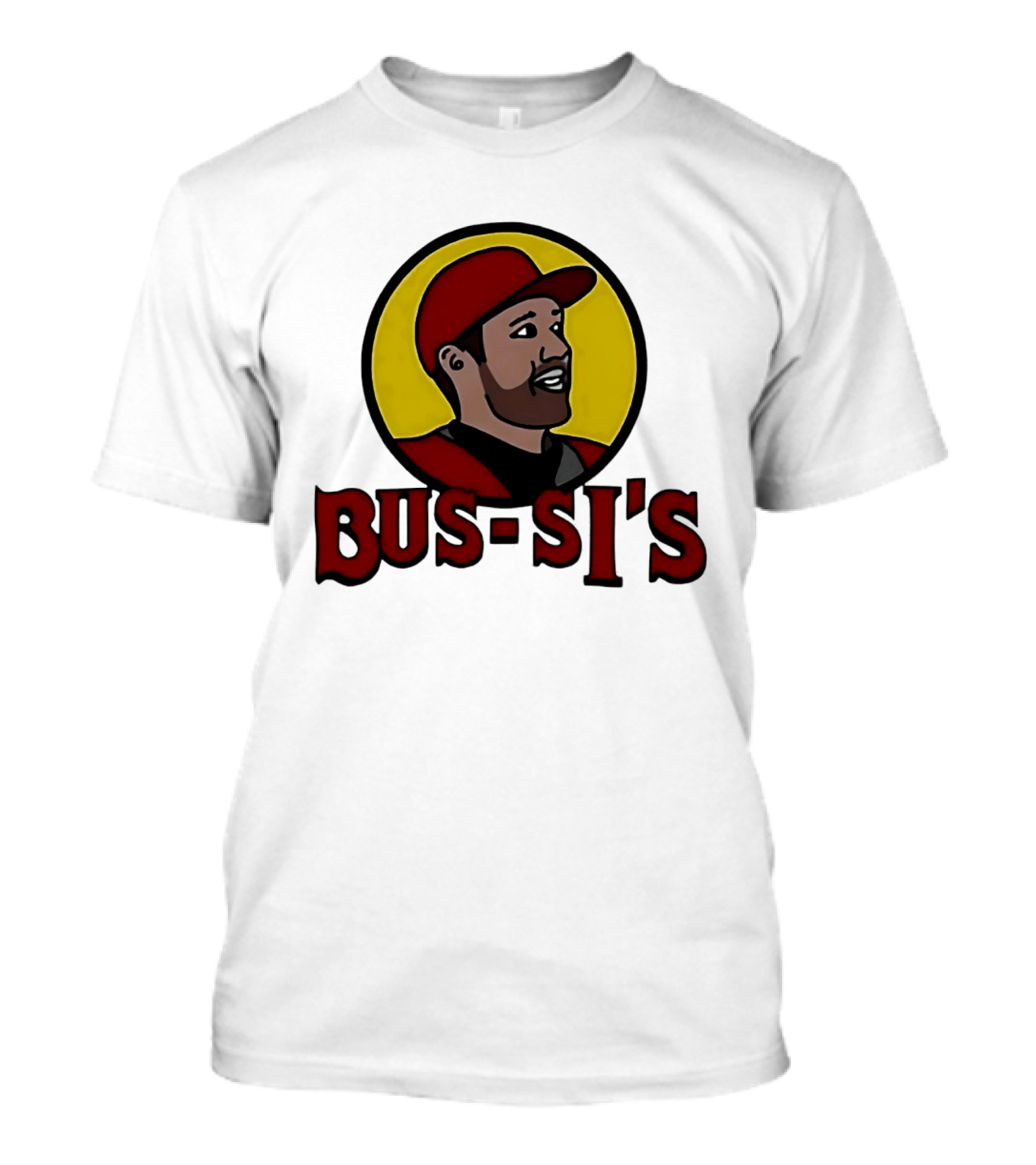 Bus Si's Baseball Player Cartoon Logo Design White T-Shirt