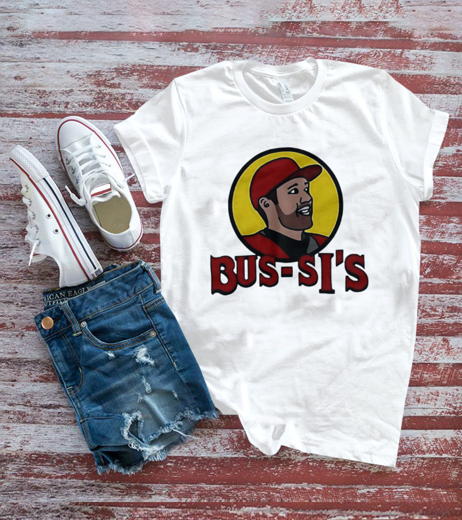 Bus Si's Baseball Player Cartoon Logo Design White T-Shirt