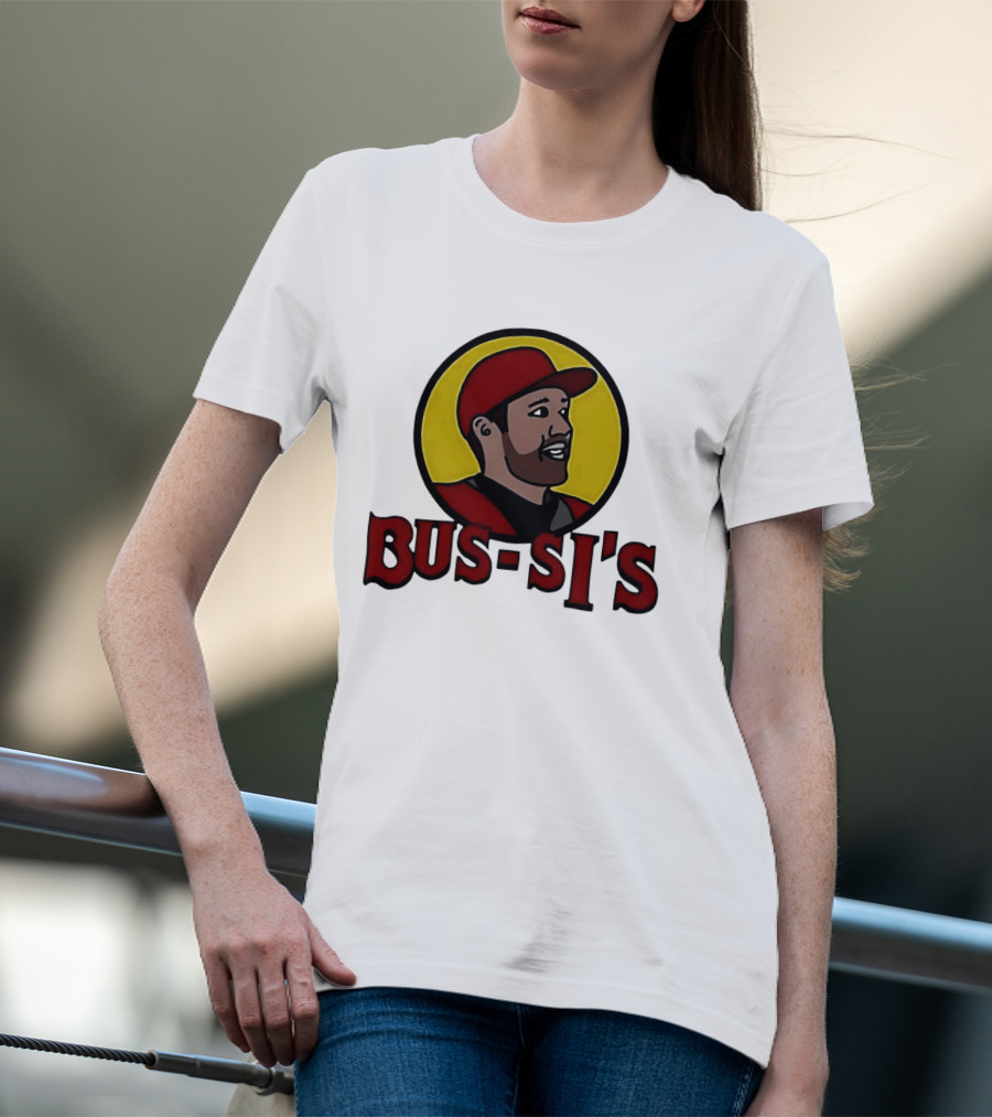 Bus Si's Baseball Player Cartoon Logo Design White T-Shirt