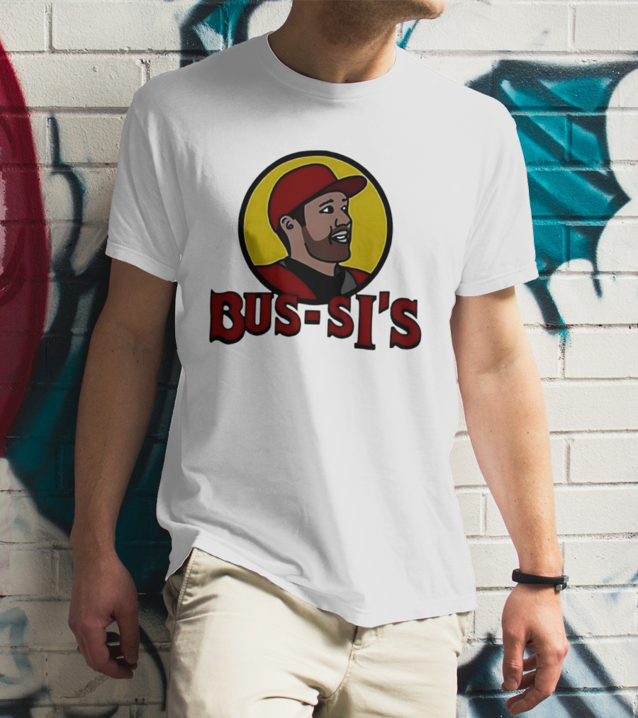 Bus Si's Baseball Player Cartoon Logo Design White T-Shirt