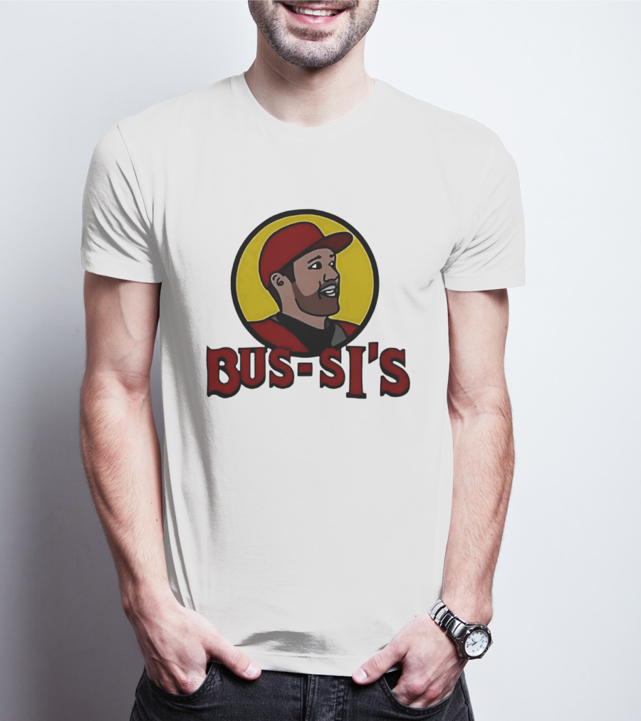 Bus Si's Baseball Player Cartoon Logo Design White T-Shirt