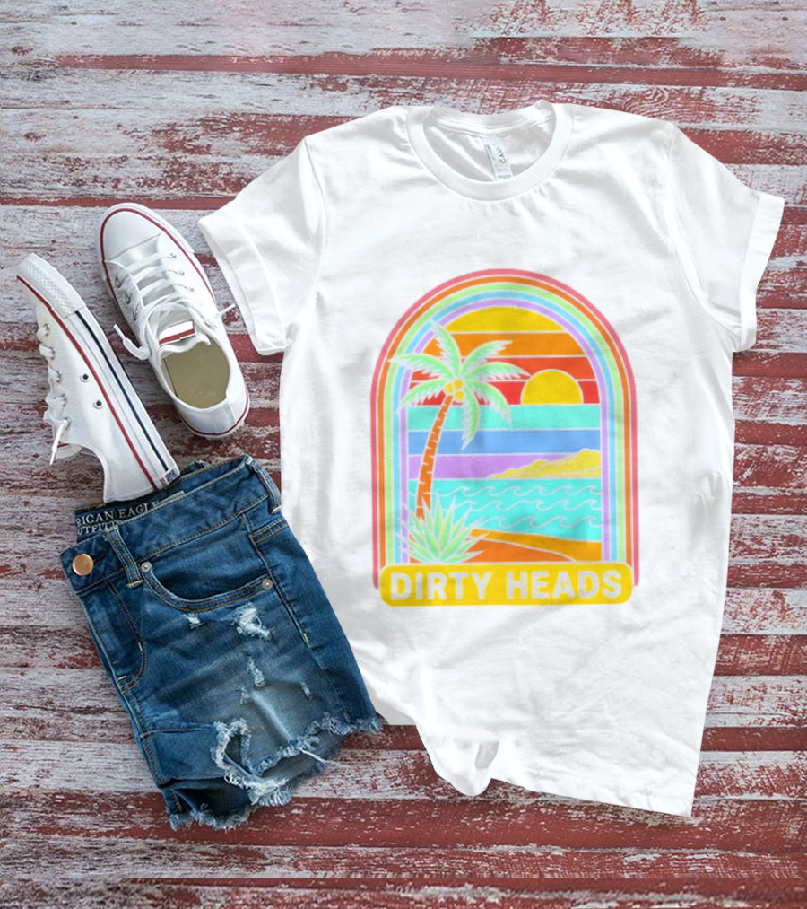 Dirty Heads Tropical Beach Palm Tree Rainbow Arch Sunset T-Shirt