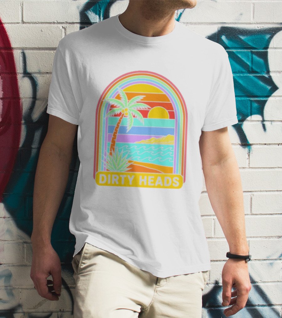 Dirty Heads Tropical Beach Palm Tree Rainbow Arch Sunset T-Shirt