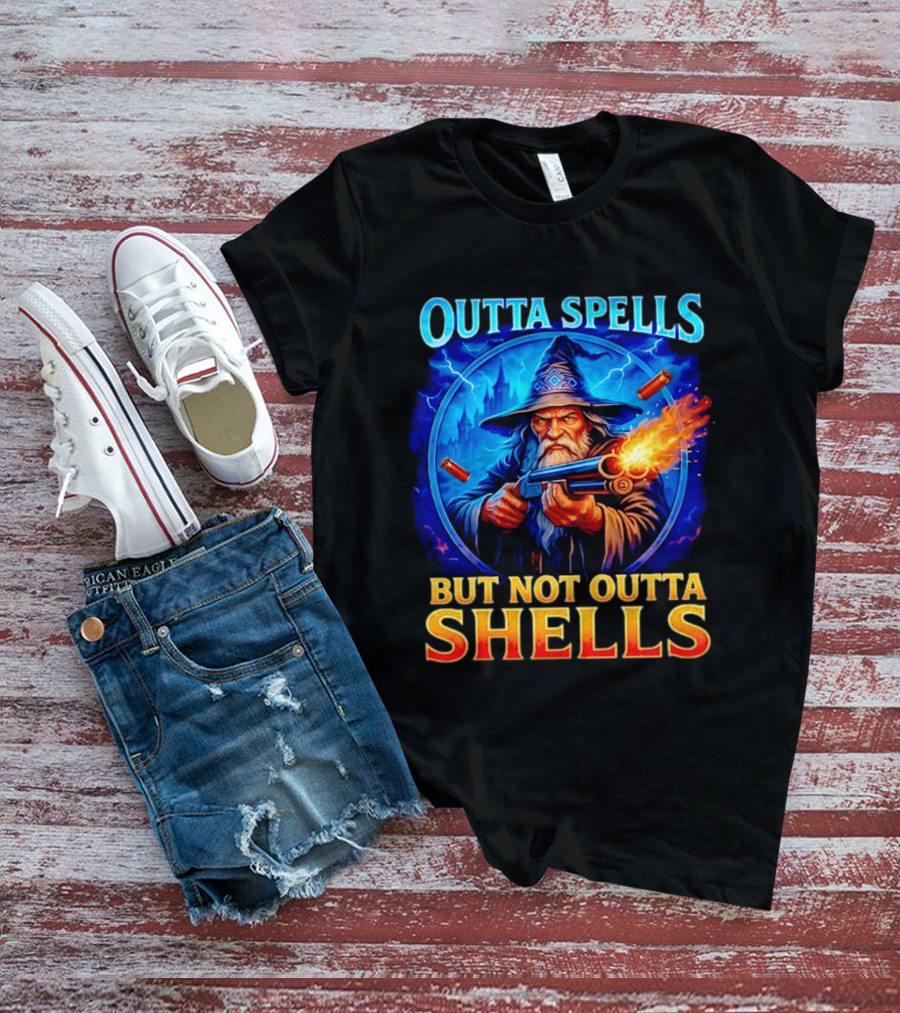 Outta Spells But Not Outta Shells Wizard With Gun Fantasy Humor T-Shirt
