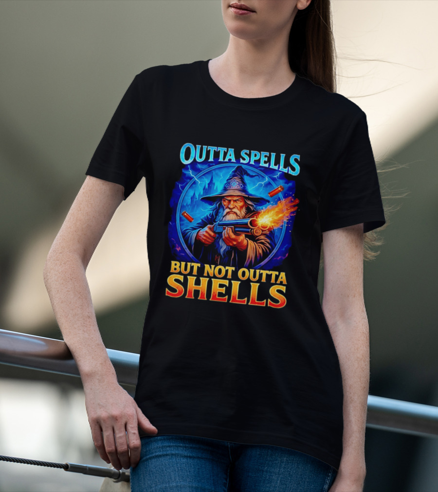 Outta Spells But Not Outta Shells Wizard With Gun Fantasy Humor T-Shirt