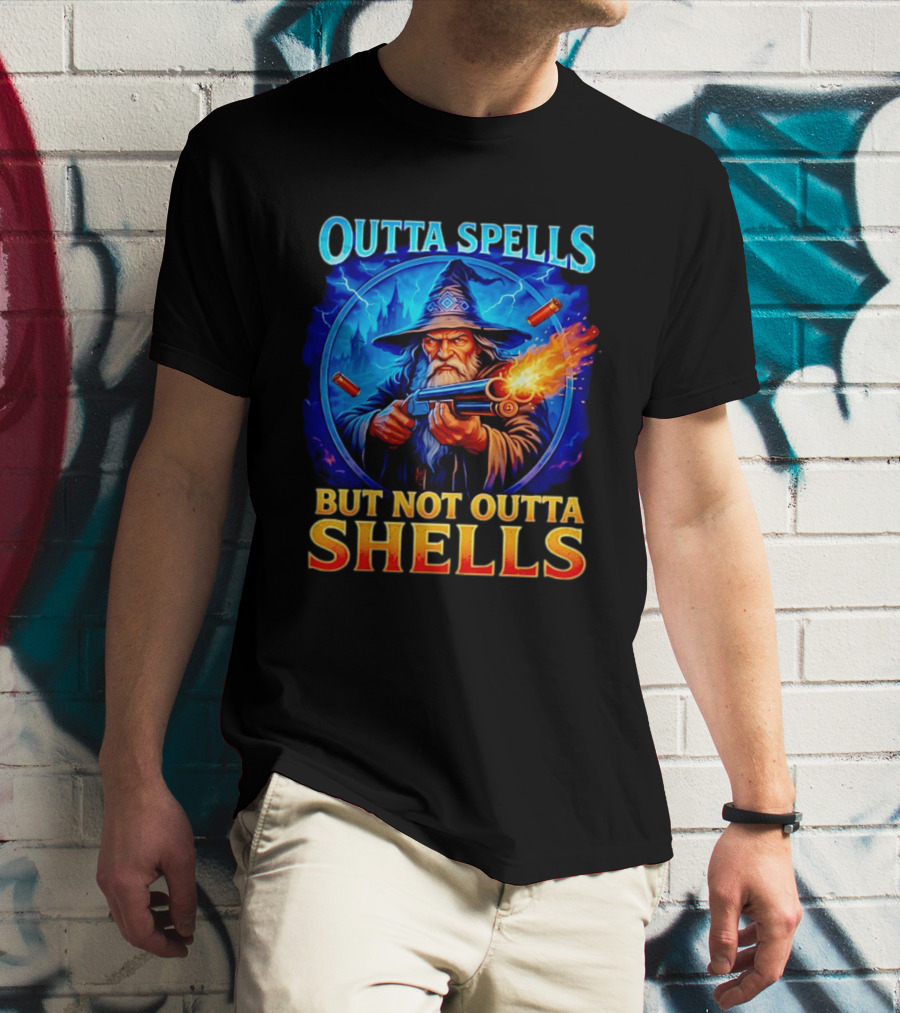 Outta Spells But Not Outta Shells Wizard With Gun Fantasy Humor T-Shirt
