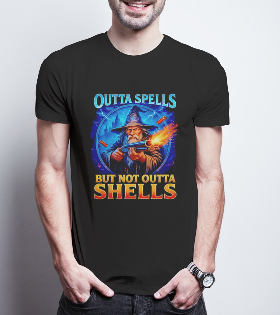 Outta Spells But Not Outta Shells Wizard With Gun Fantasy Humor T-Shirt