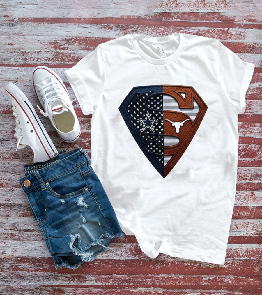 Dallas Cowboys Texas Longhorns Superman Shield Split Dual Icon Emblems T-Shirt