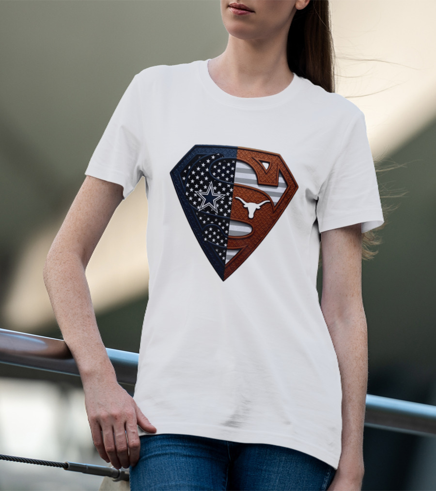 Dallas Cowboys Texas Longhorns Superman Shield Split Dual Icon Emblems T-Shirt