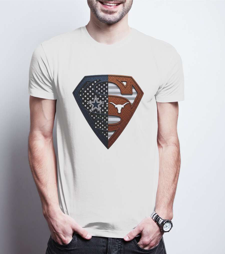 Dallas Cowboys Texas Longhorns Superman Shield Split Dual Icon Emblems T-Shirt