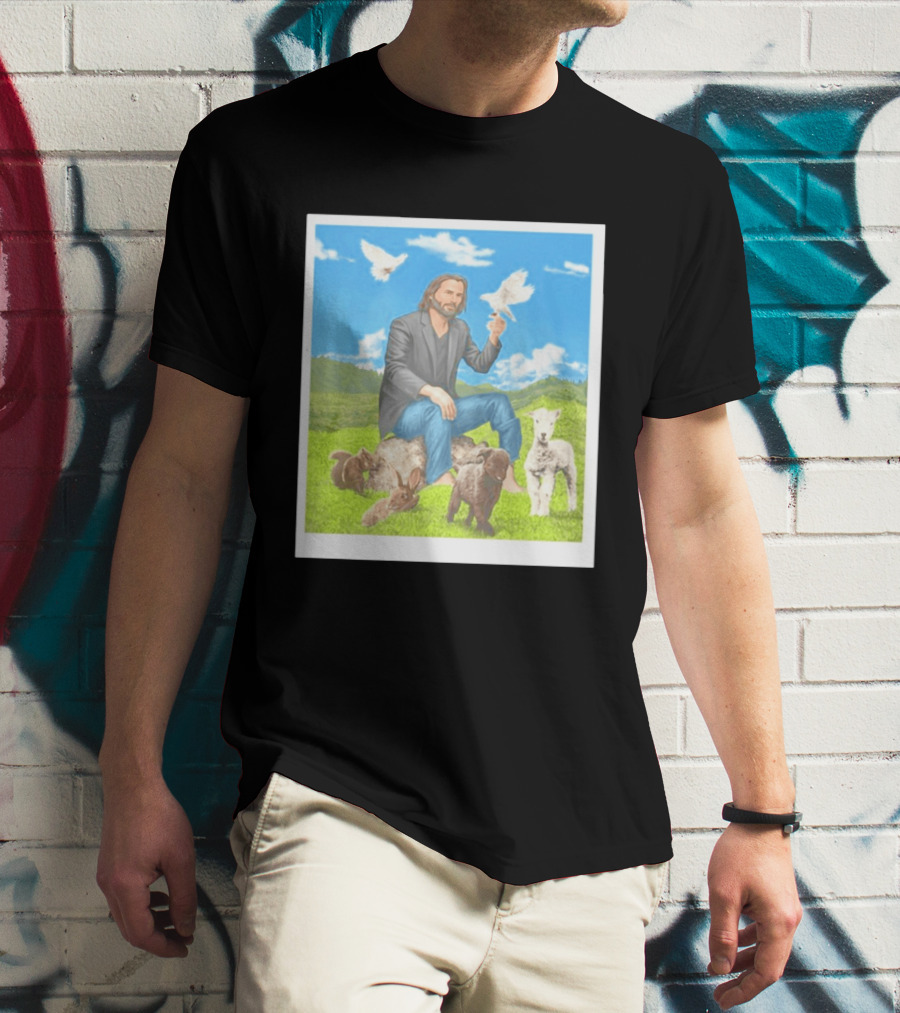 Keanu Reeves Surrounded By Animals In Peaceful Steppe Landscape T-Shirt