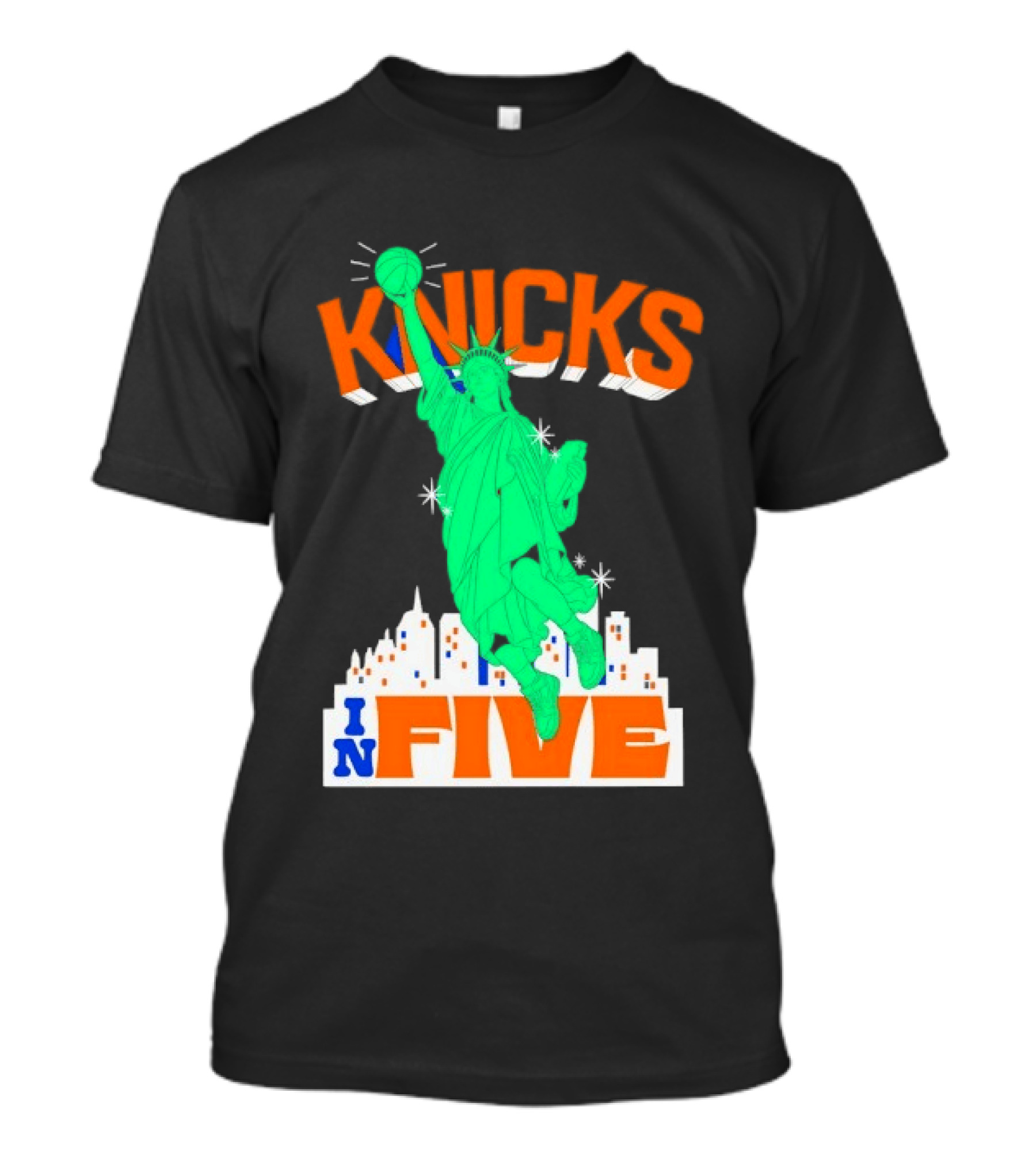 Knicks Statue Of Liberty Dunk In Five Basketball Cartoon Skyline T-Shirt