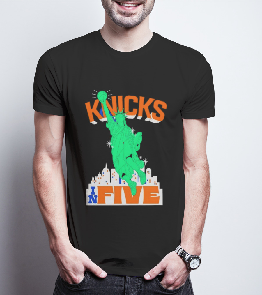Knicks Statue Of Liberty Dunk In Five Basketball Cartoon Skyline T-Shirt