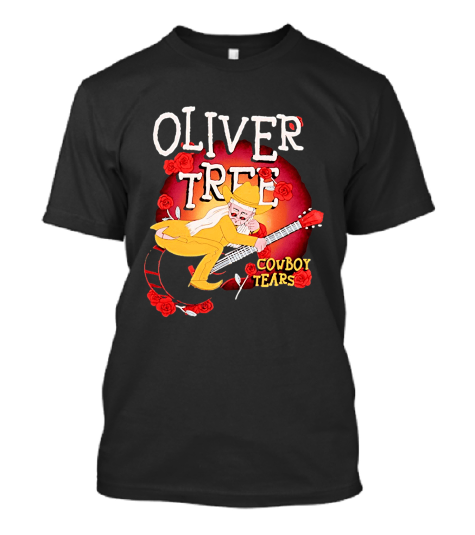 Oliver Tree Cowboy Tears Cartoon Character With Roses And Guitar T-Shirt