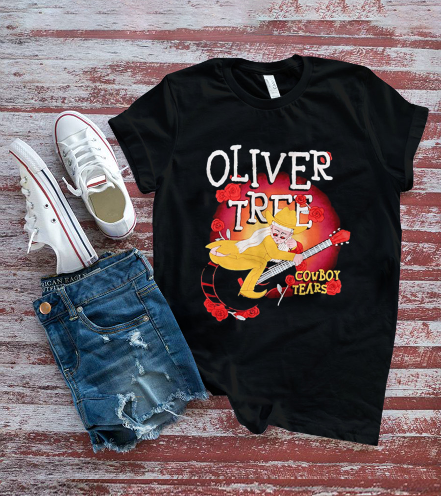 Oliver Tree Cowboy Tears Cartoon Character With Roses And Guitar T-Shirt