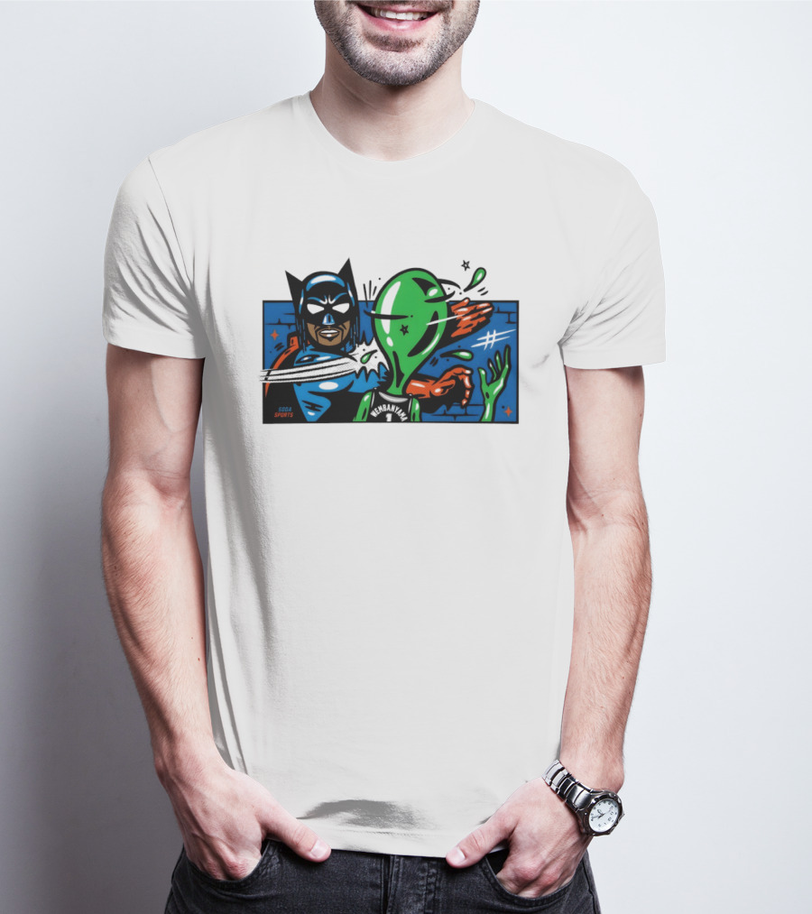 Batman Slapping Alien Knicks Beat Spurs NBA Final 2026 Soda Sports T-Shirt