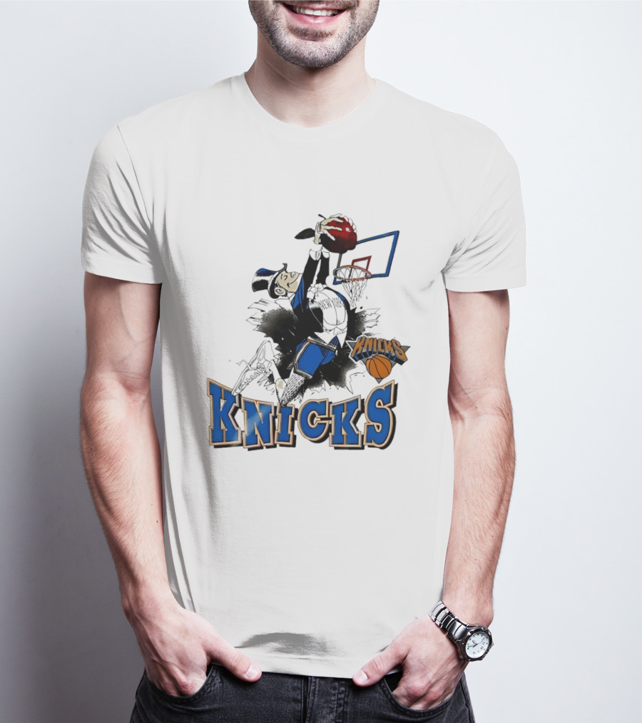 New York Knicks Dunking Red Apple Knicks Text Blue Basketball T-Shirt