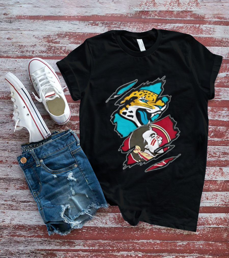 Jacksonville Jaguars Florida State Seminoles Two Teams One Heart Scratch T-Shirt