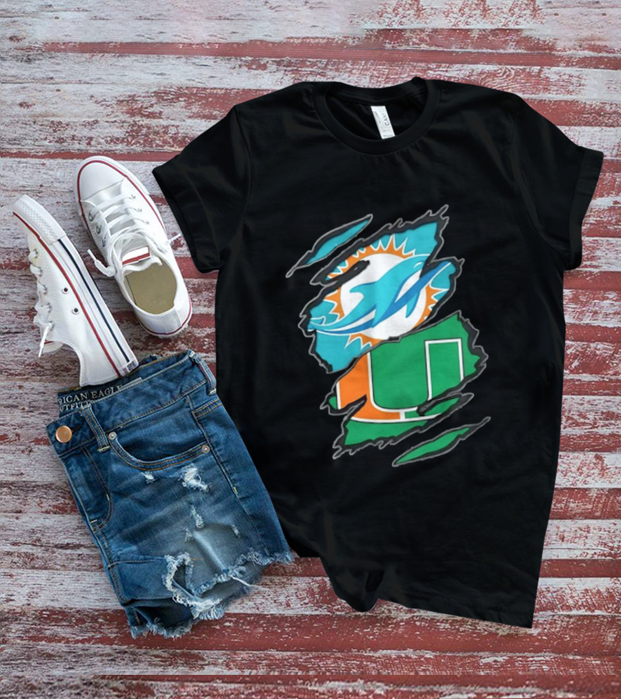 Miami Dolphins And Miami Hurricanes Two Teams One Heart Scratch T-Shirt