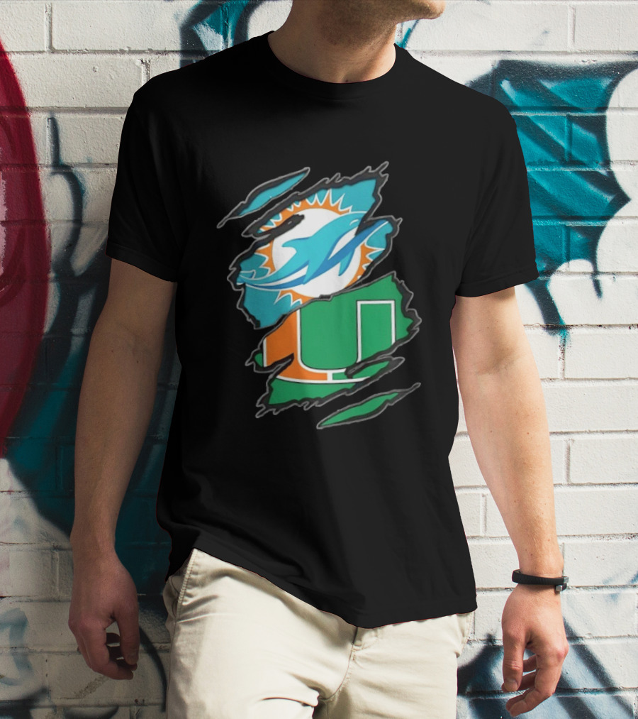 Miami Dolphins And Miami Hurricanes Two Teams One Heart Scratch T-Shirt