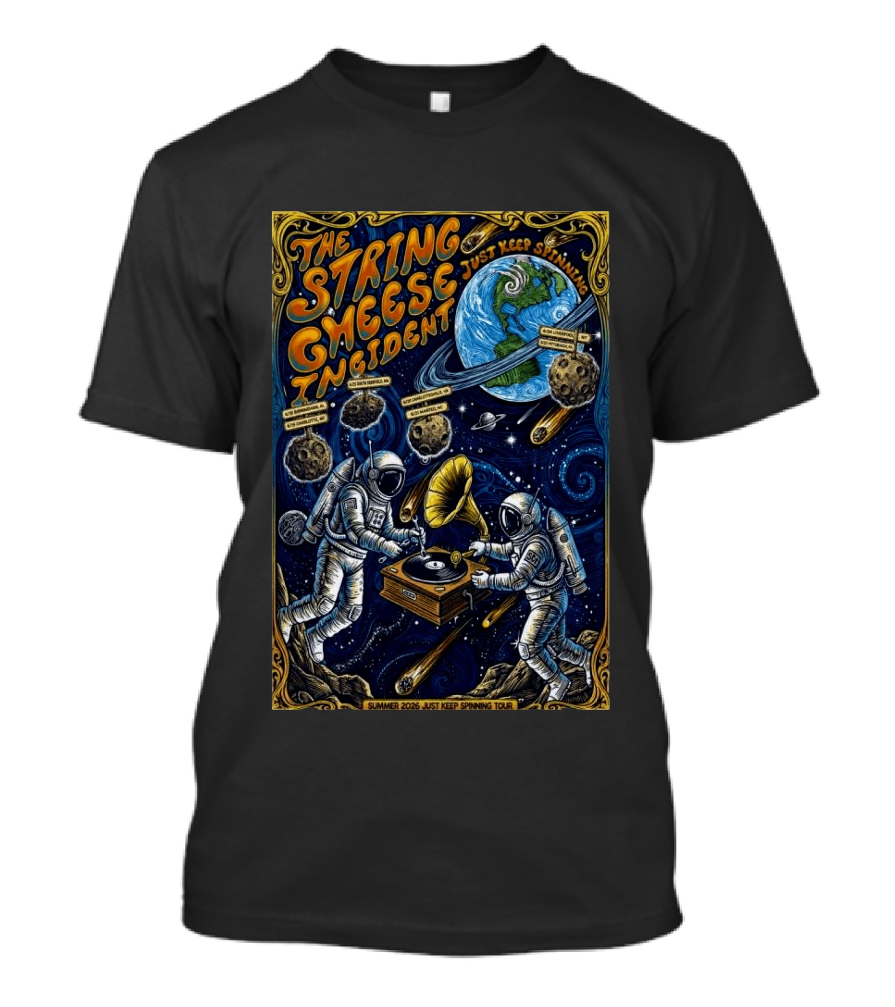 The String Cheese Incident Summer 2026 Just Keep Spinning Tour Astronauts Vinyl Planet T-Shirt