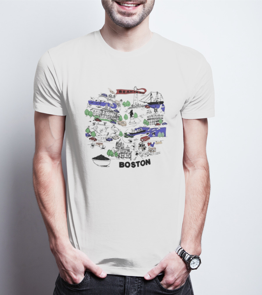Beantown Boston Skyline Map Massachusetts Souvenir Bridge Boat Trees T-Shirt