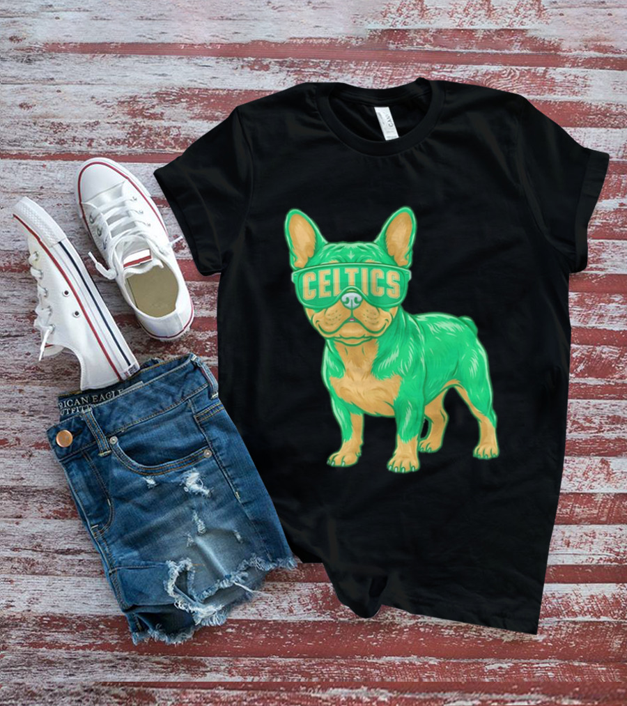 Boston Celtics French Bulldog Wearing Celtics Glasses T-Shirt