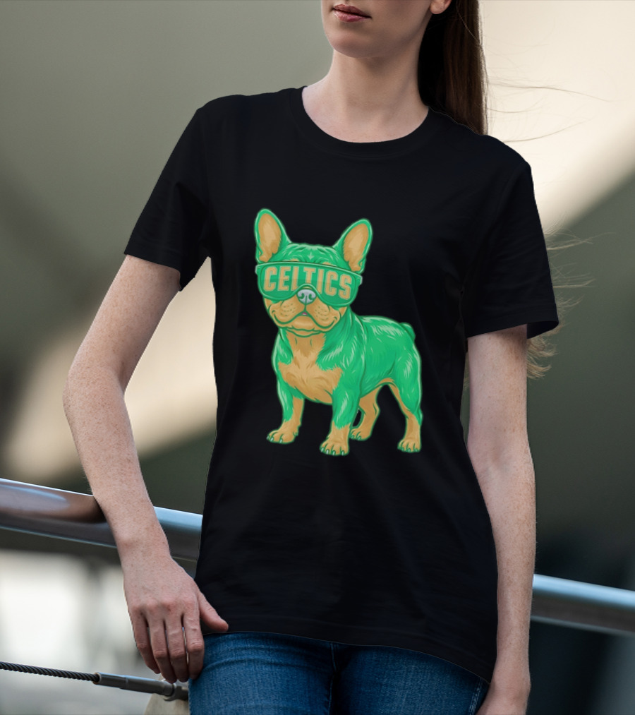Boston Celtics French Bulldog Wearing Celtics Glasses T-Shirt
