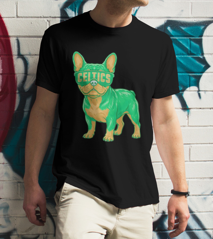 Boston Celtics French Bulldog Wearing Celtics Glasses T-Shirt