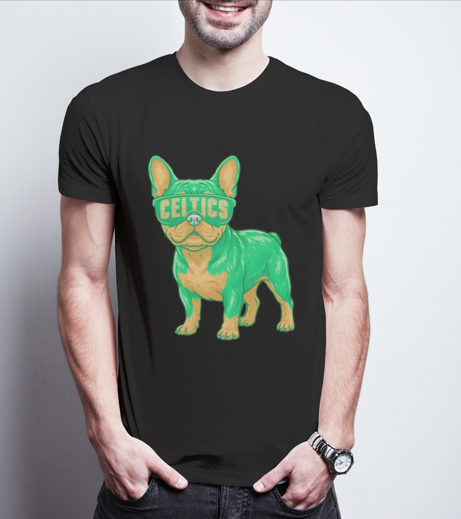 Boston Celtics French Bulldog Wearing Celtics Glasses T-Shirt
