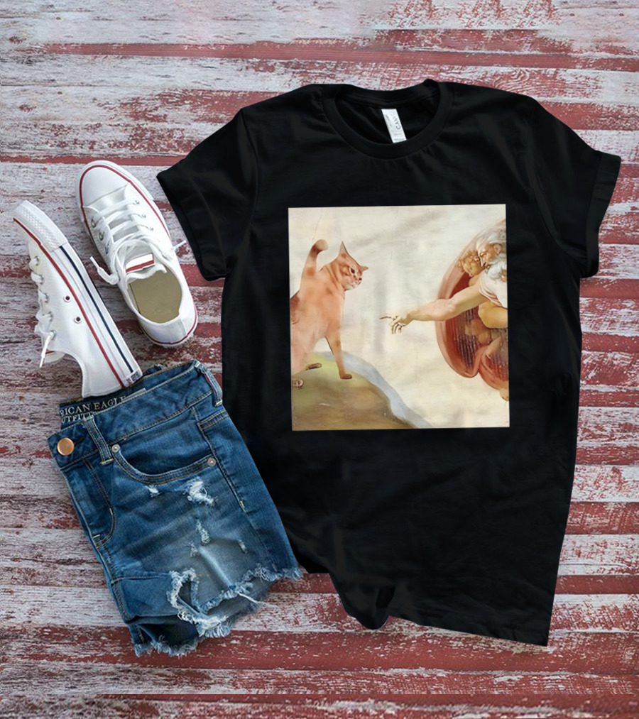 Floppa Meets Creation In Iconic God Touching Fingers Scene T-Shirt