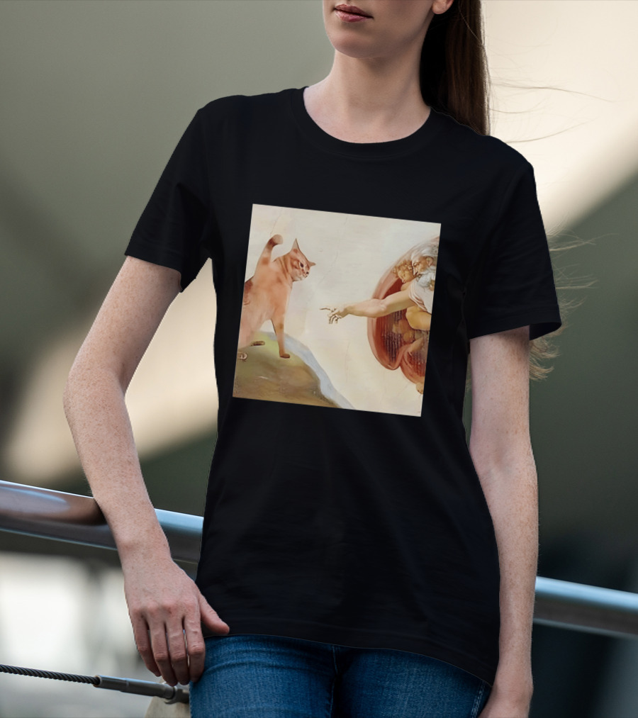Floppa Meets Creation In Iconic God Touching Fingers Scene T-Shirt