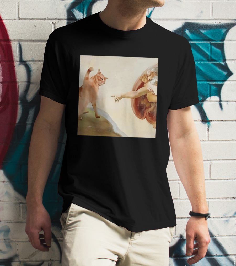 Floppa Meets Creation In Iconic God Touching Fingers Scene T-Shirt
