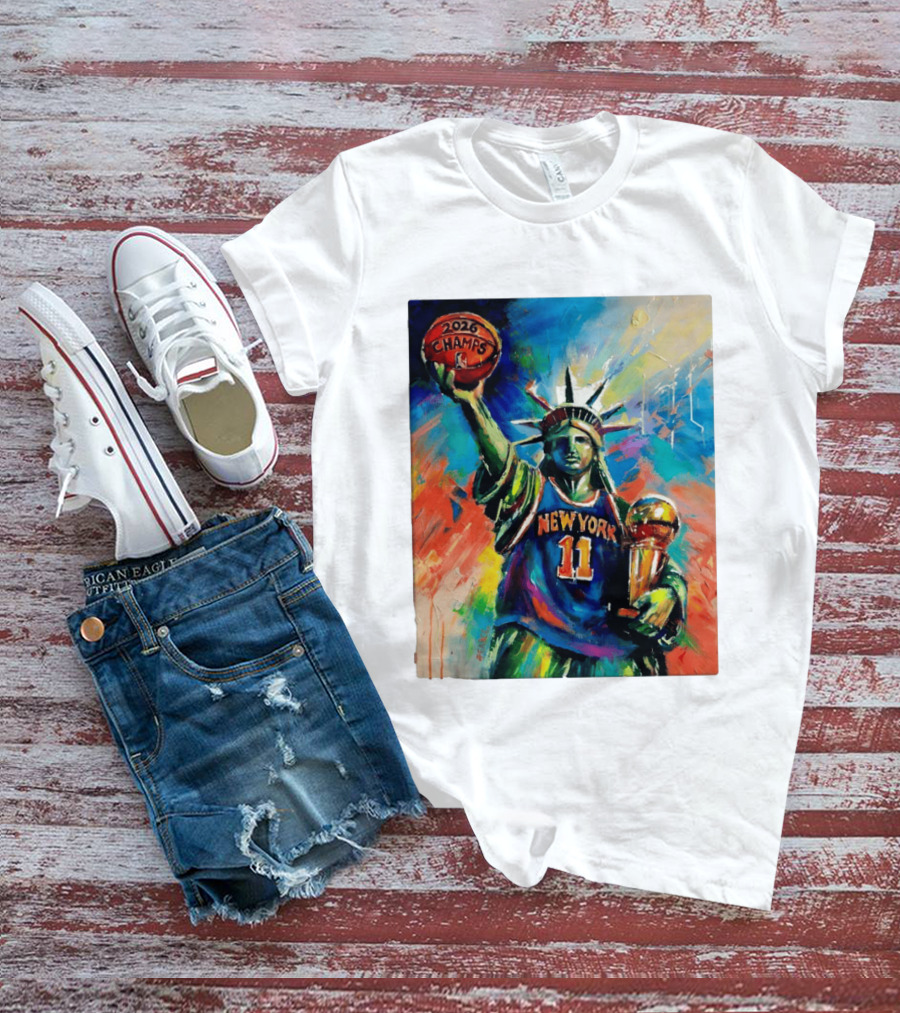 New York Knicks 11 Statue Of Liberty 2026 Champs Trophy Basketball T-Shirt