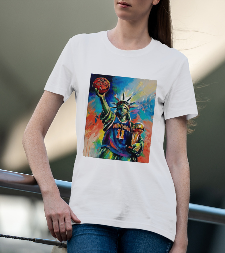 New York Knicks 11 Statue Of Liberty 2026 Champs Trophy Basketball T-Shirt