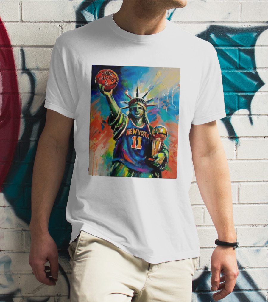 New York Knicks 11 Statue Of Liberty 2026 Champs Trophy Basketball T-Shirt