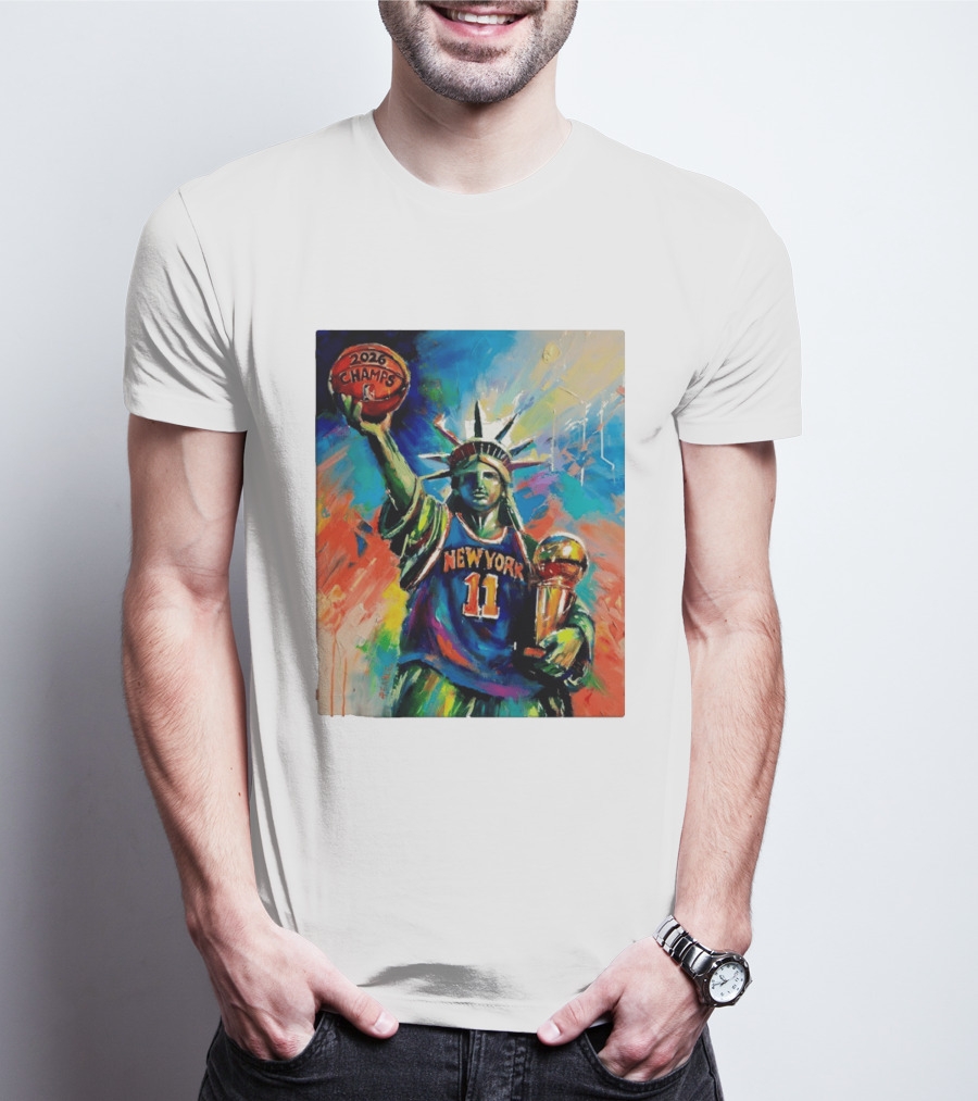 New York Knicks 11 Statue Of Liberty 2026 Champs Trophy Basketball T-Shirt