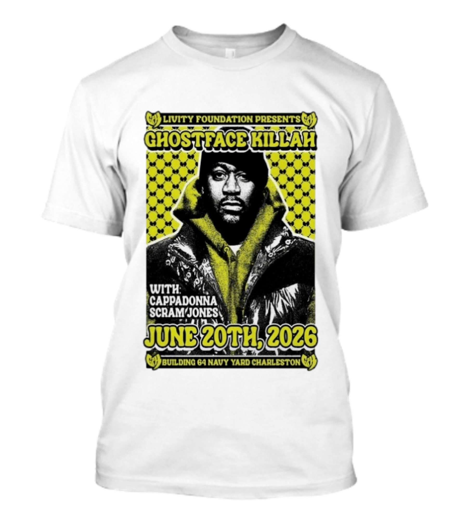 Livity Foundation Presents Ghostface Killah June 20th 2026 With Cappadonna Scram Jones Building 64 Navy Yard Charleston T-Shirt