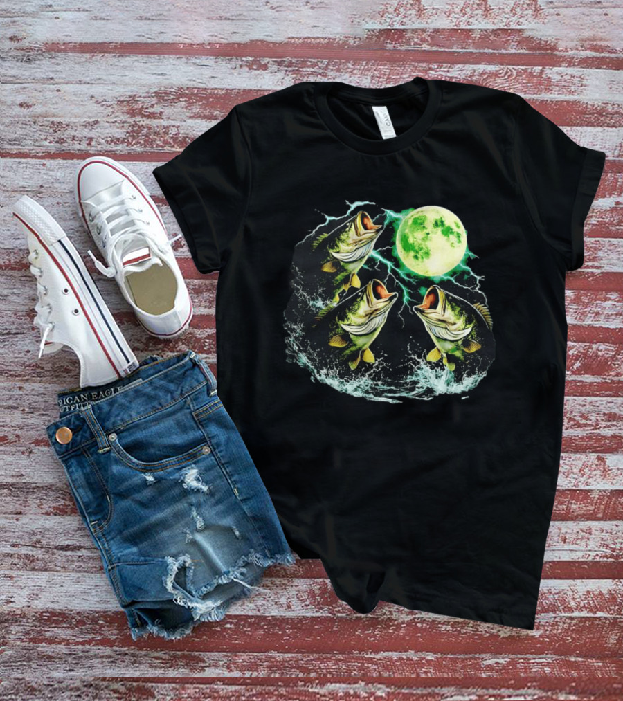 Bass Jumping Full Moon Night Wildlife Nature Scene T-Shirt