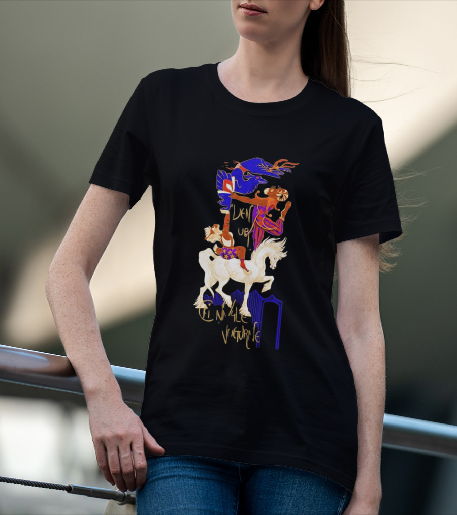 Cirque Style Acrobats On Horseback With Blue And Gold Accents T-Shirt